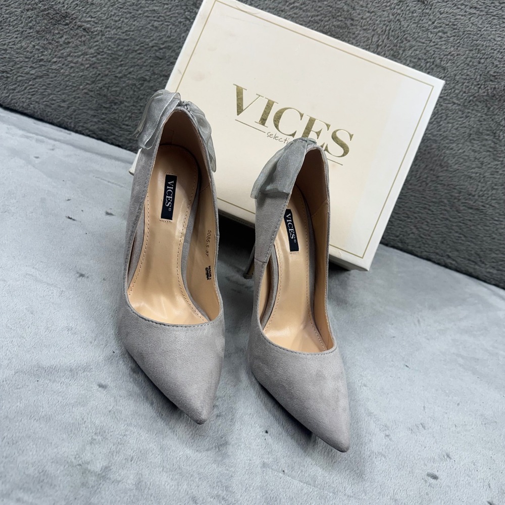 Vices Grey Faux Suede Pointed Toe Bow Back Stiletto Pumps Heels 5086-5‎ Size 37